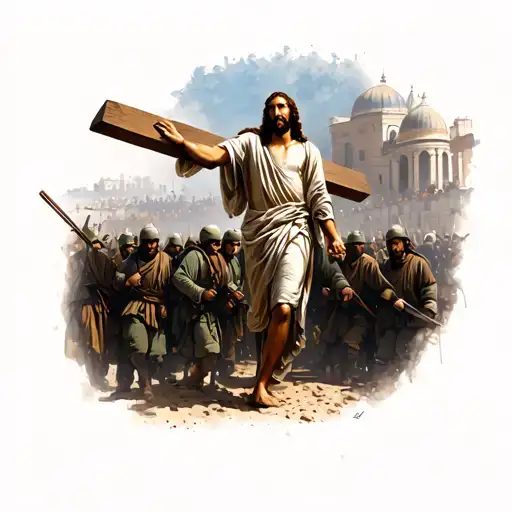 Jesus Carrying The Cross In Jerusalem Among The People And Soldiers