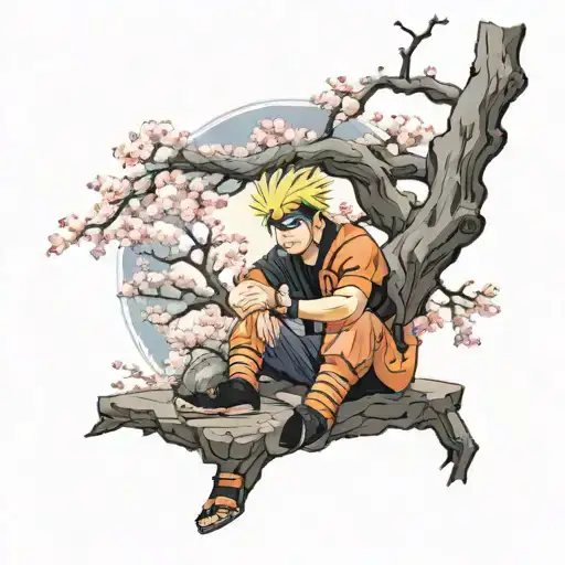 Naruto Seated Under A Cherry Blossom Tree