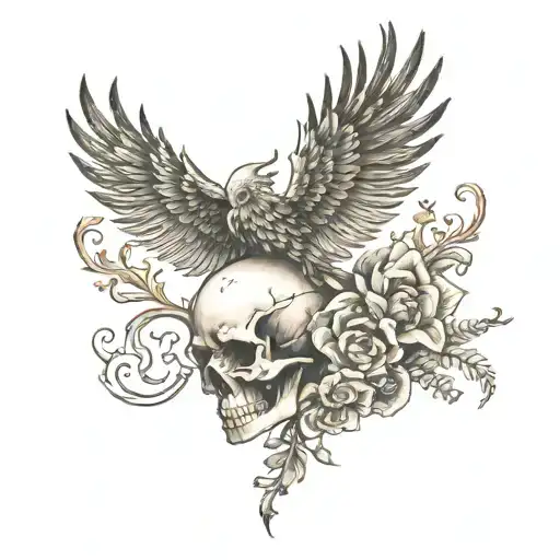 Phoenix Flying Out Of A Skull With Flowers Intertwined
