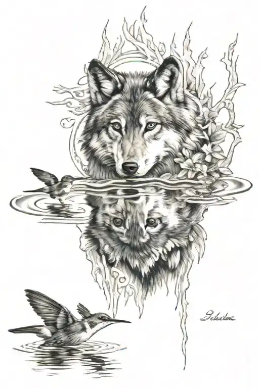 Wolf And Hummingbird Reflection In Water