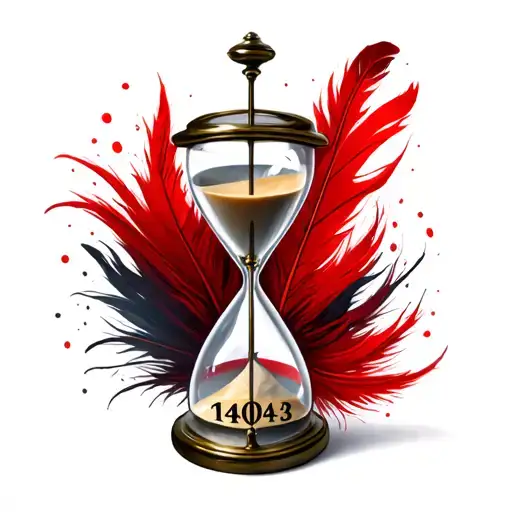 Hourglass With The Numbers 14043 In The Bottom With A Red Feather Going Around It