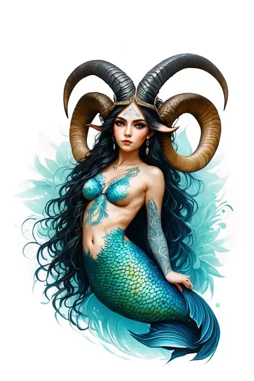 Realistic Ram Horned Female Capricorn Mermaid With Full Body And Human Face