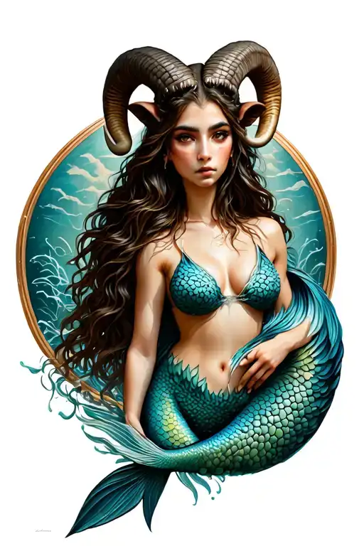 Realistic Slim Ram Horned Female Capricorn Mermaid With Full Body And Human Face