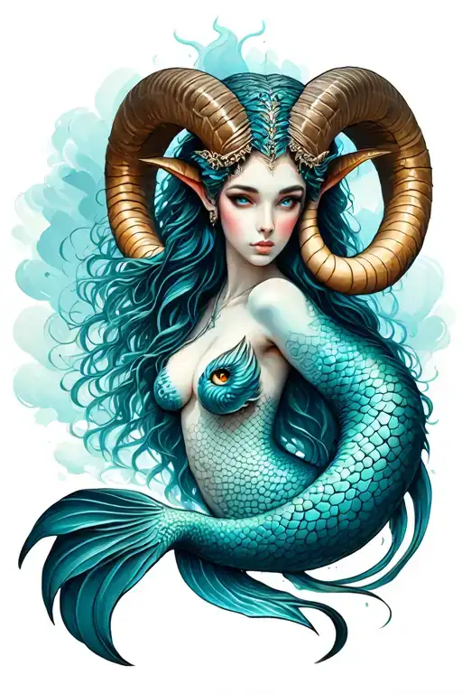 Realistic Slim Ram Horned Female Capricorn Mermaid With Full Length Body And Human Face