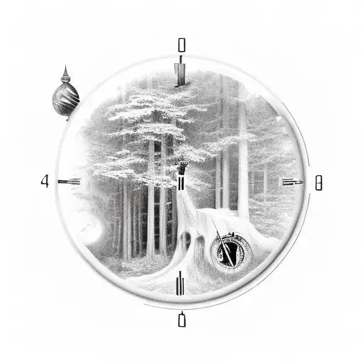 A Clock Tower Surrounded By A Mystical Forest With Hidden Musical Instruments