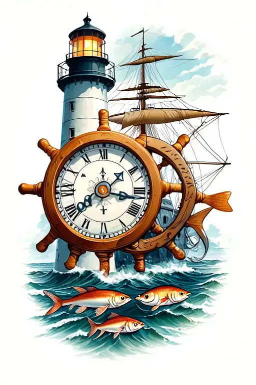 Lighthouse With Clock And Ship Wheel Fish And Carpenter Tools