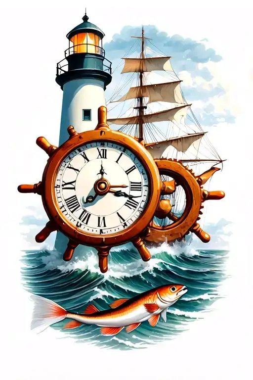 Lighthouse With Clock And Ship Wheel Fish And Carpenter Tools