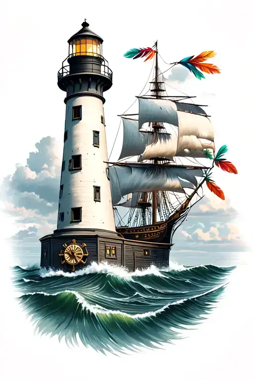 Lighthouse With Clock And Ship Wheel And Indian Feathers