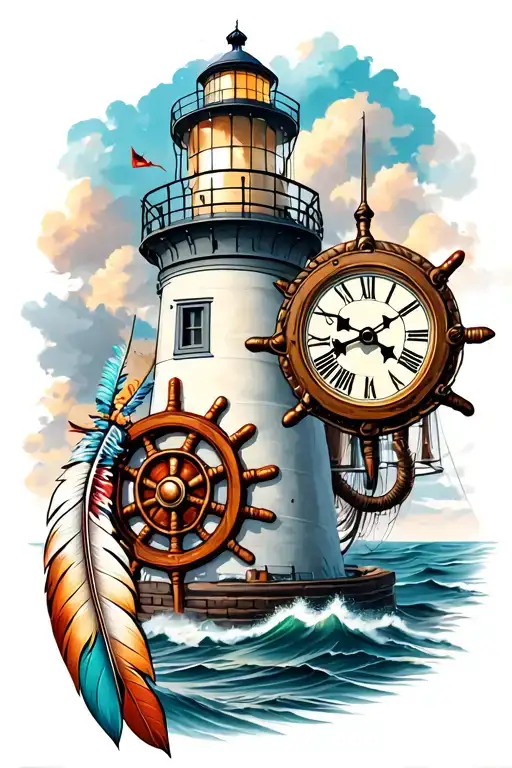 Lighthouse With Clock And Ship Wheel And Indian Feathers