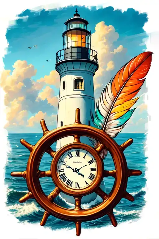 Lighthouse With Clock Inside A Ships Wheel And Indian Feathers