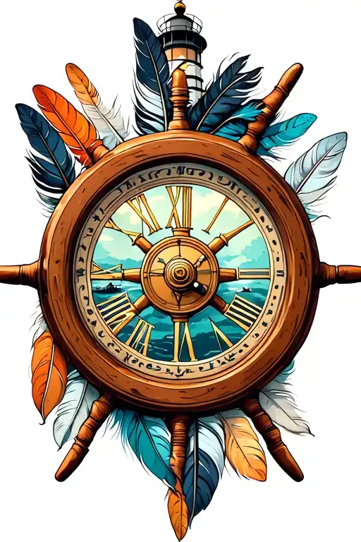 Lighthouse With Clock Inside A Ships Wheel And Indian Feathers
