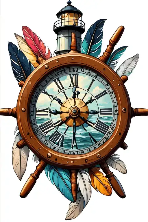 Lighthouse With Clock Inside A Ships Wheel And Indian Feathers
