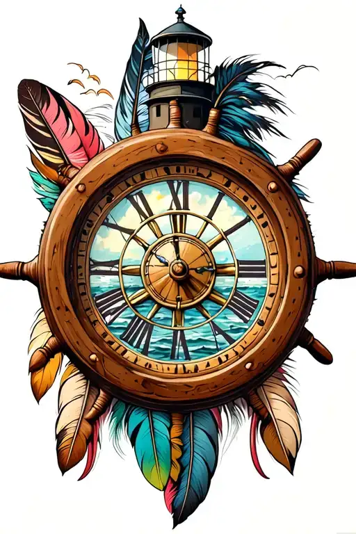 Lighthouse With Clock Inside A Ships Wheel And Indian Feathers