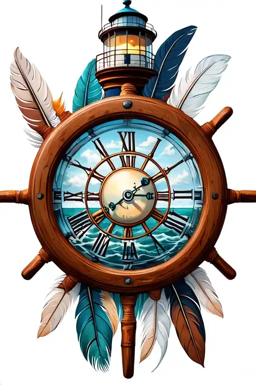 Lighthouse With Clock Inside A Ships Wheel And Indian Feathers