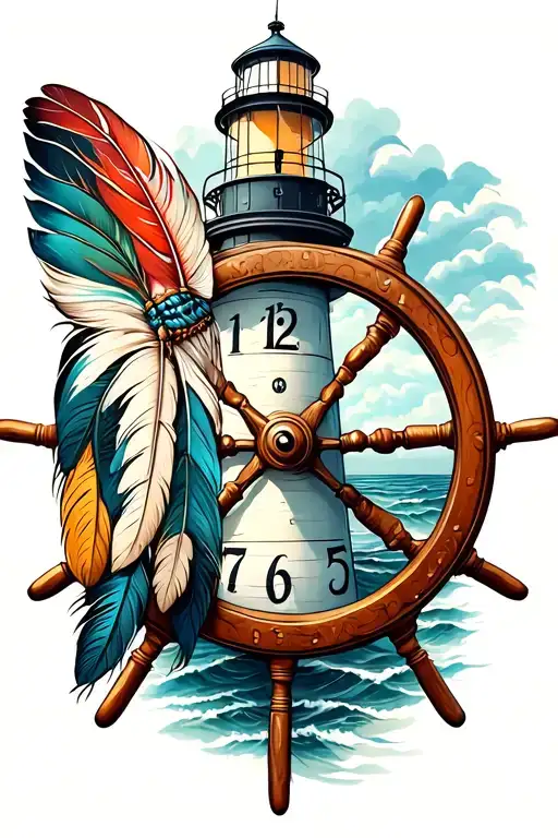 Lighthouse With Clock And Ships Wheel And Indian Feathers