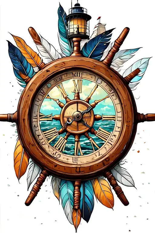 Lighthouse With Clock And Ships Wheel And Indian Feathers