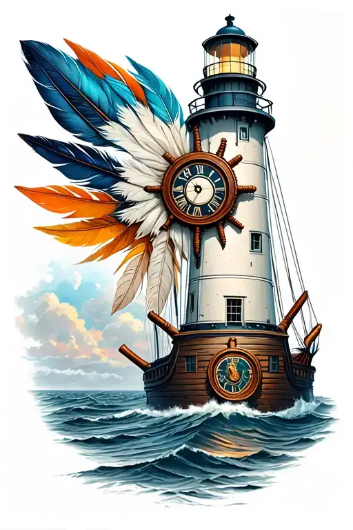 Lighthouse With Clock And Ships Wheel And Indian Feathers