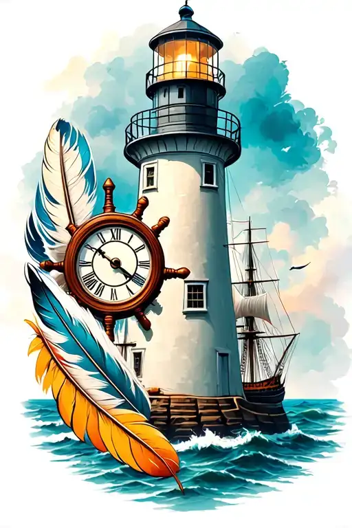 Lighthouse With Clock And Ships Wheel And Indian Feathers