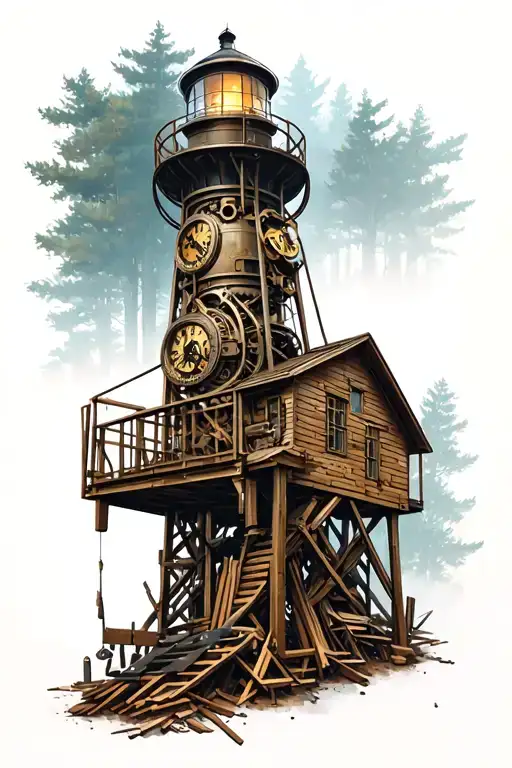A Mechanical Clockwork Lighthouse Towering Over A Forest Of Carpentry Tools