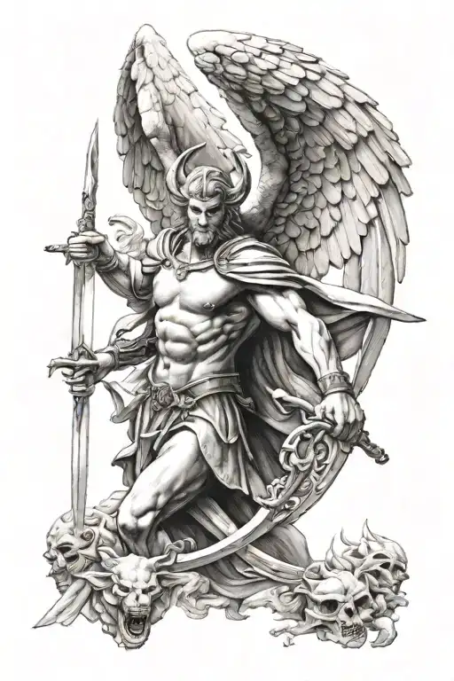 Biblical Archangel Holding Sword Surrounded By Demons In Black And White Realism