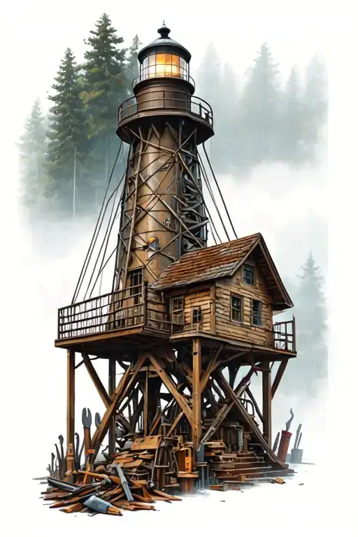 A Mechanical Clockwork Lighthouse Towering Over A Forest Of Carpentry Tools