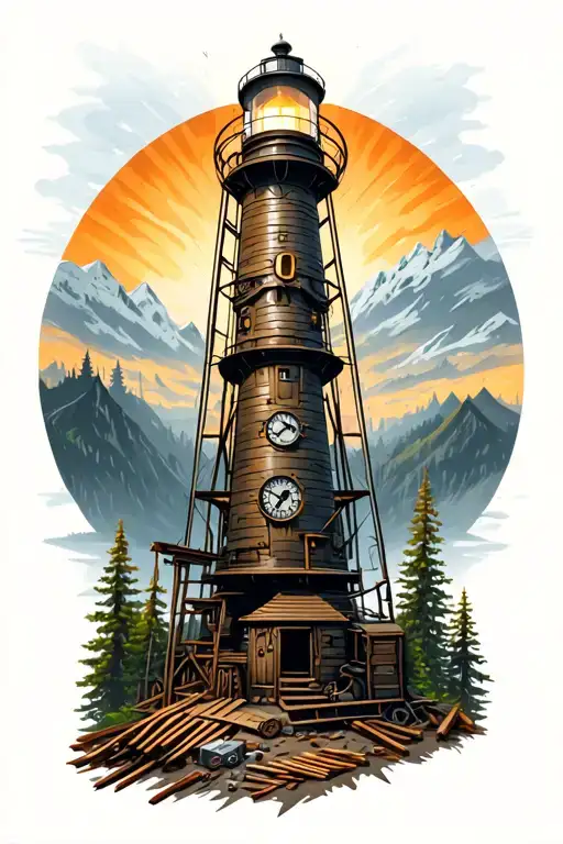 A Mechanical Clockwork Lighthouse Towering Over A Forest Of Carpentry Tools