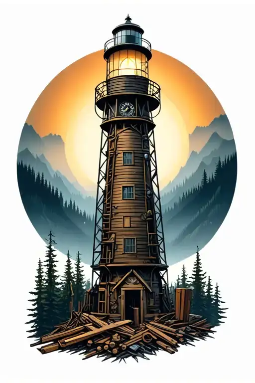 A Mechanical Clockwork Lighthouse Towering Over A Forest Of Carpentry Tools