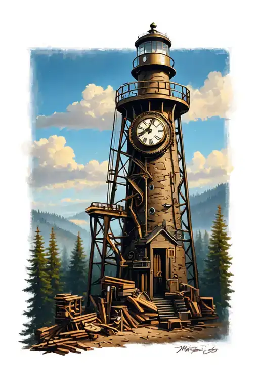 A Mechanical Clockwork Lighthouse Towering Over A Forest Of Carpentry Tools