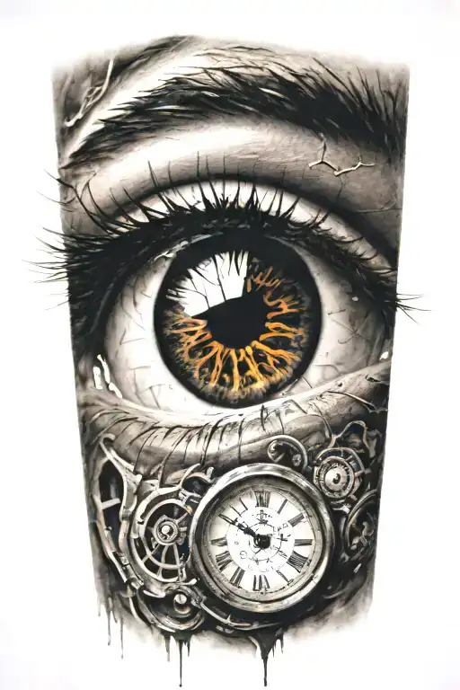 Eye With A Clock And A Person Walking In The Eye Inside