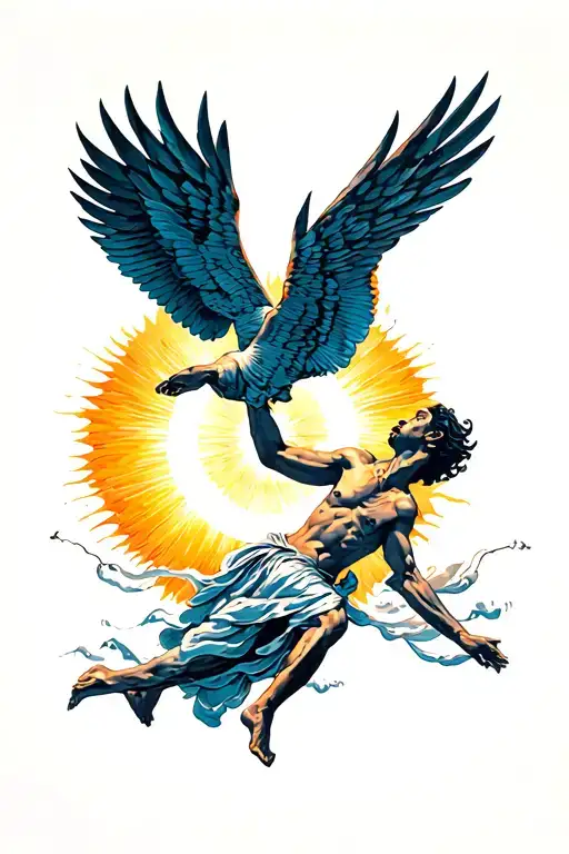 The Mythology Icarus Flying Towards A Shining Sun Above Him