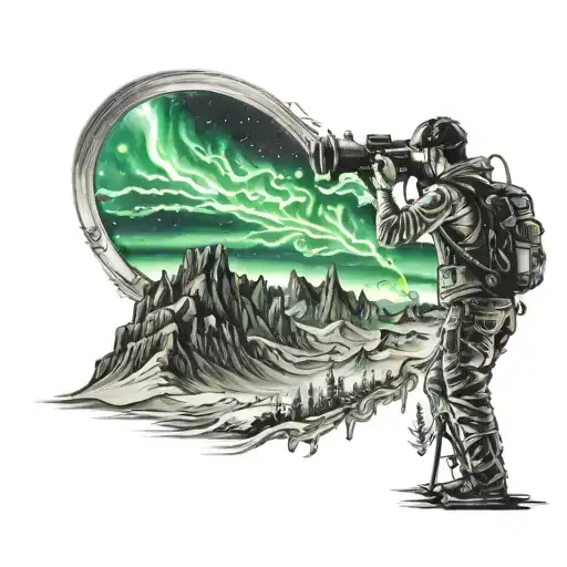 A Mystical Tattoo Of A Photographer Capturing The Northern Lights Dancing Above A Mountain Range