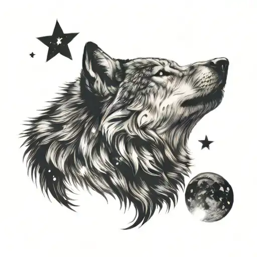 Wolf Howling At The Moon Surrounded By Stars