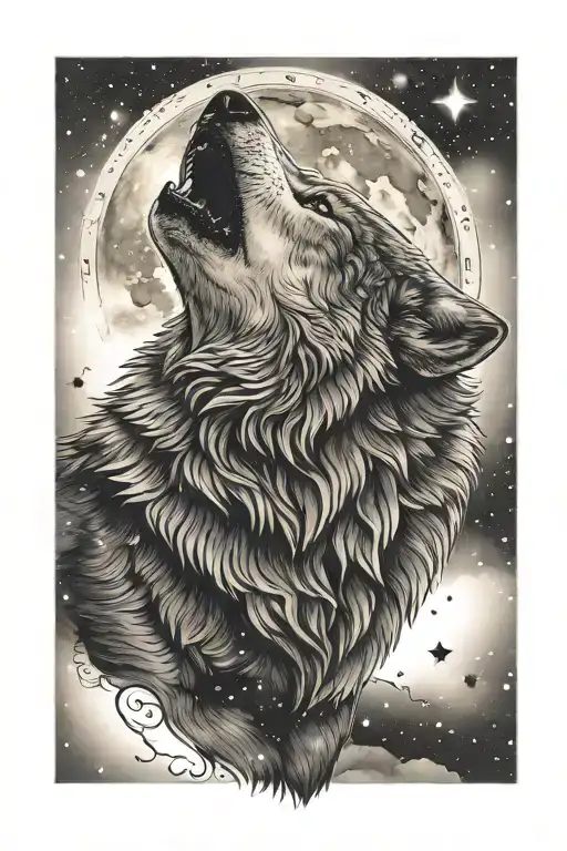 Wolf Howling At The Moon Surrounded By Stars