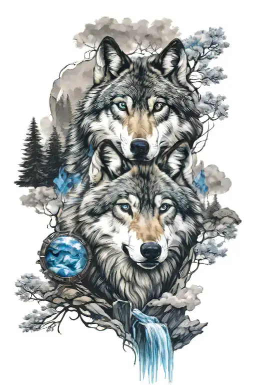 Wolf With Blue Eyes Face And Surrounded By Forest Mountain And Waterfall