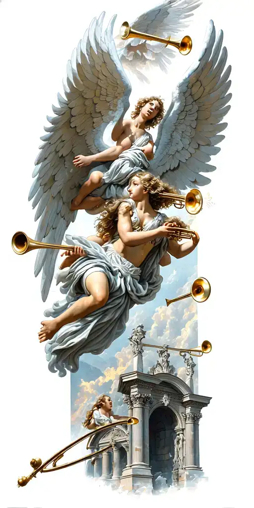 Angels Fighting Demons Flying With Open Wings And Heavens Gates In Background And Trumpets Playing