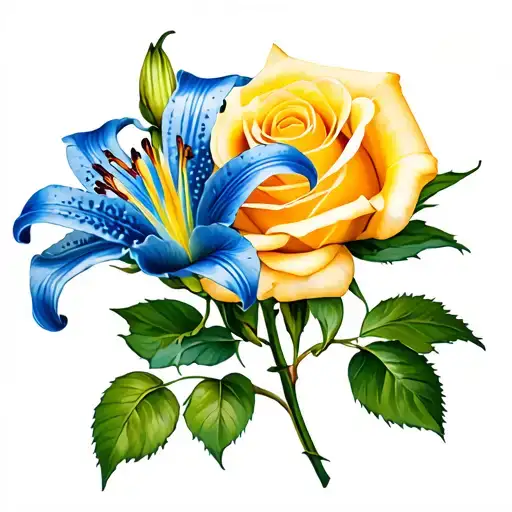 Blue Lily And A Yellow Rose