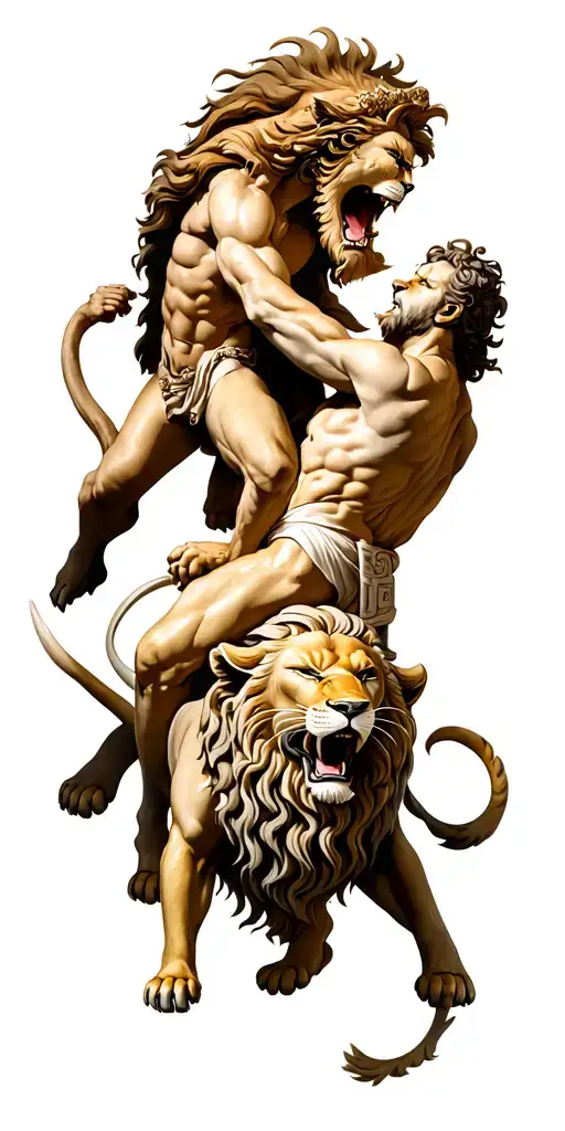 A Fierce Lion Battling A Greek God In A Mythological Scene