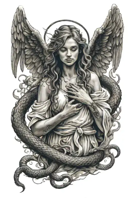 A Angel Thats Is Sad Holding A Crow And And Snake In Each Of Her Hands Sounded By Dark Clouds