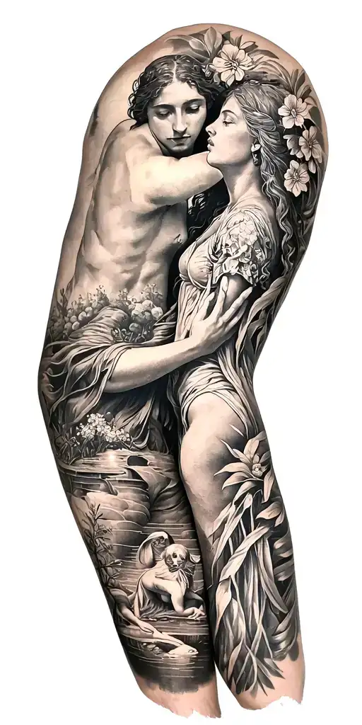 Garden Of Eden Full Sleeve Tattoo With Classical Art Featuring Multiple Scenes