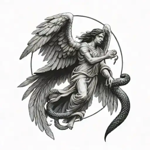 A Angel In A Dark Sky That Is Sadholding A Crow In One Hand And A Snake In The Other