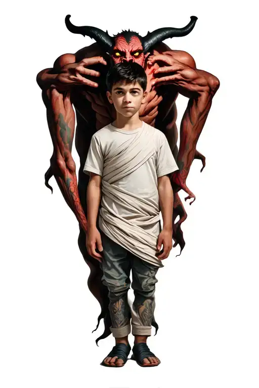A Boy Standing With A Demon Behind Wrapped Around Him