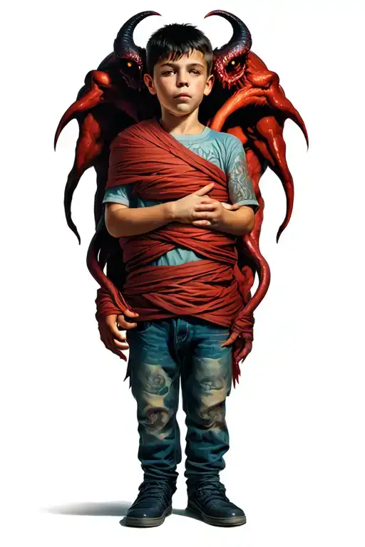 A Boy Standing With A Demon Behind Wrapped Around Him