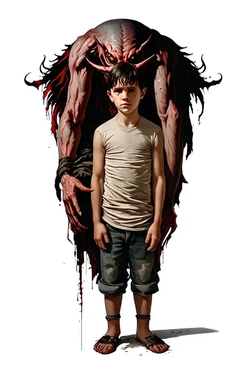 A Boy Standing With A Scary Demon Behind Wrapped Around Him