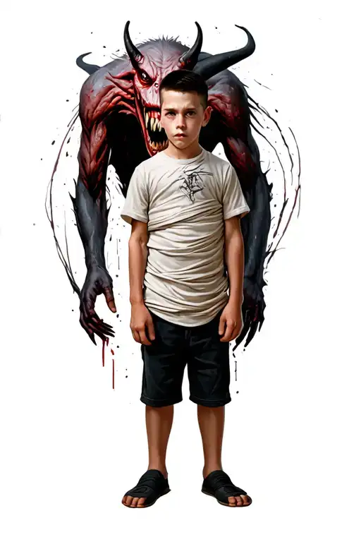A Boy Standing With A Scary Demon Behind Wrapped Around Him