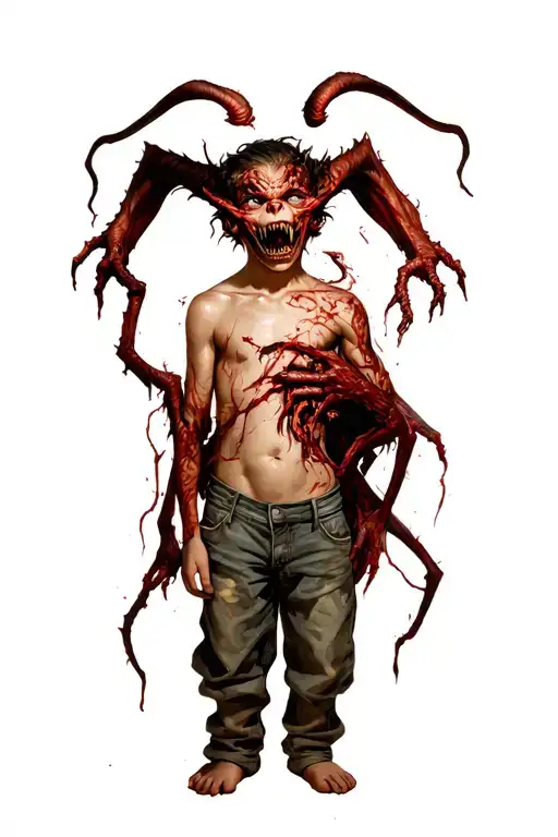 A Boy Standing With A Scary Demon Wrapped Around Him