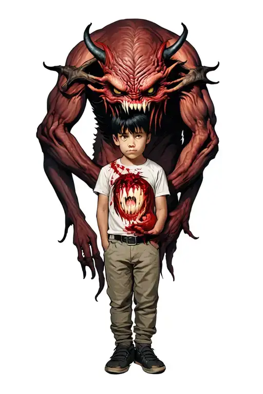 A Boy Standing With A Scary Demon Wrapped Around Him