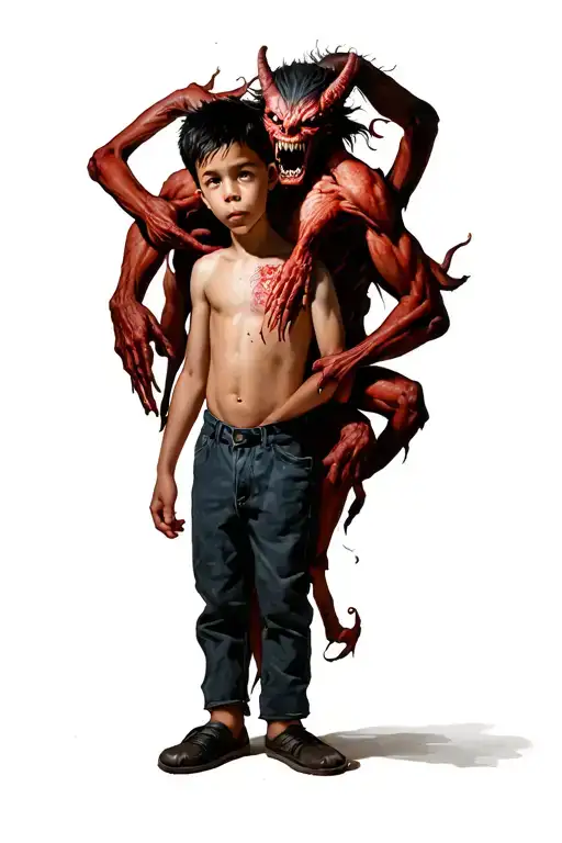 A Boy Standing With A Scary Demon Wrapped Around Him