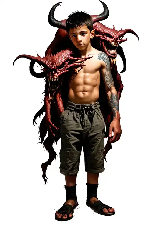 A Boy Standing With A Scary Demon Wrapped Around Him