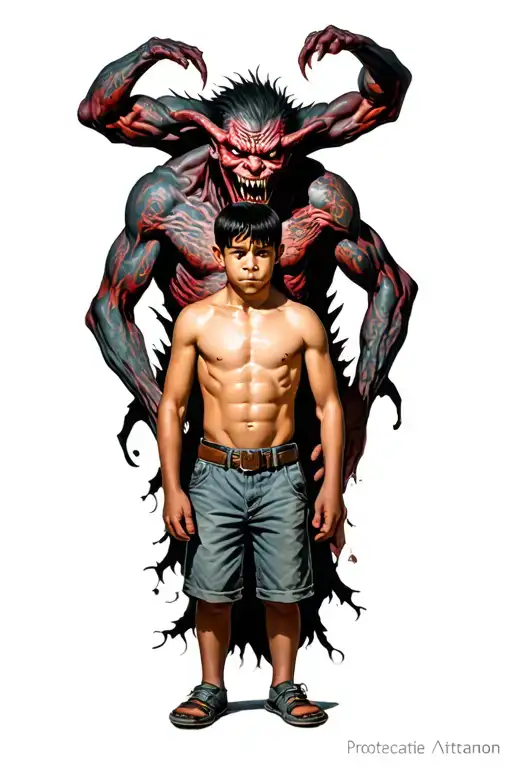 A Boy Standing With A Scary Demon Towering Behind Him And Wrapped Around Him