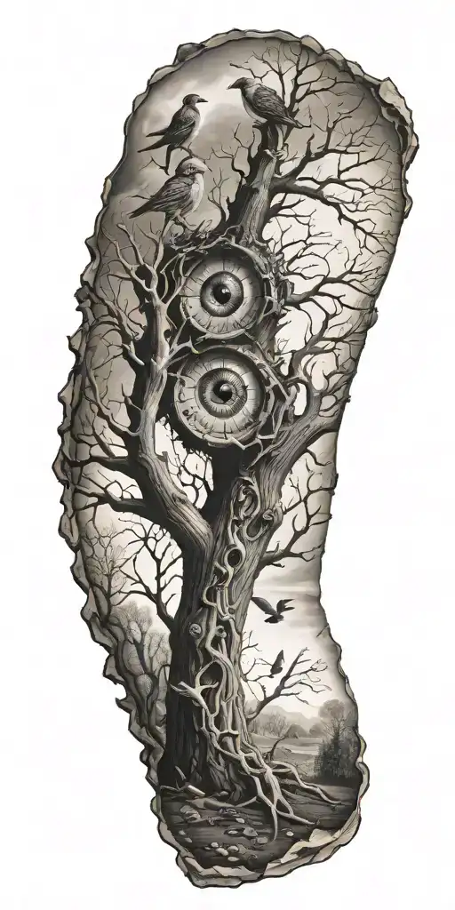 Dead Trees With Birds Flying Away With A 3D Eye On Inner Biceps